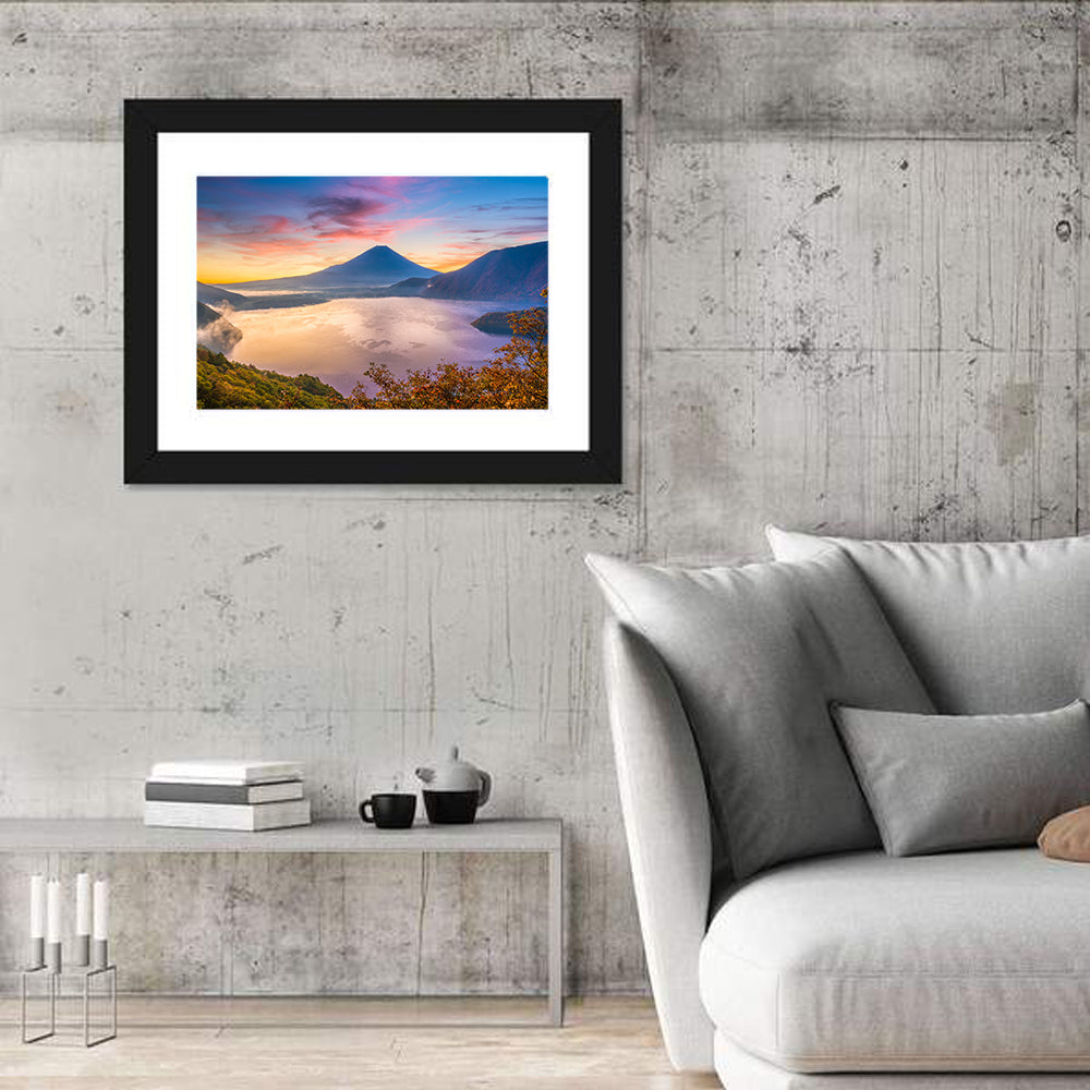 Mount Fuji at Lake Motosu, Autumn Sunrise Wall Art in a room, landscape