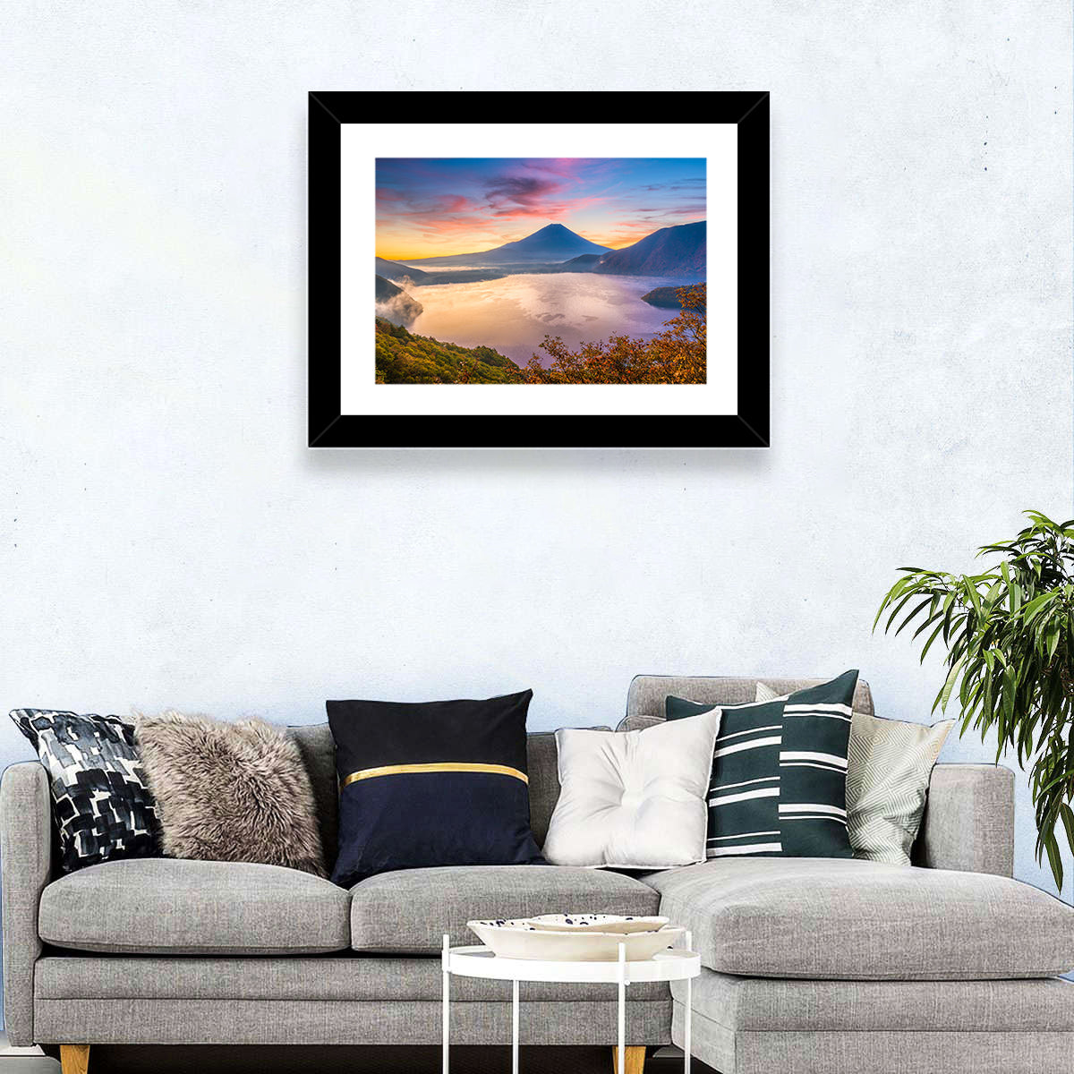 Mount Fuji at Lake Motosu, Autumn Sunrise Wall Art in a room, landscape