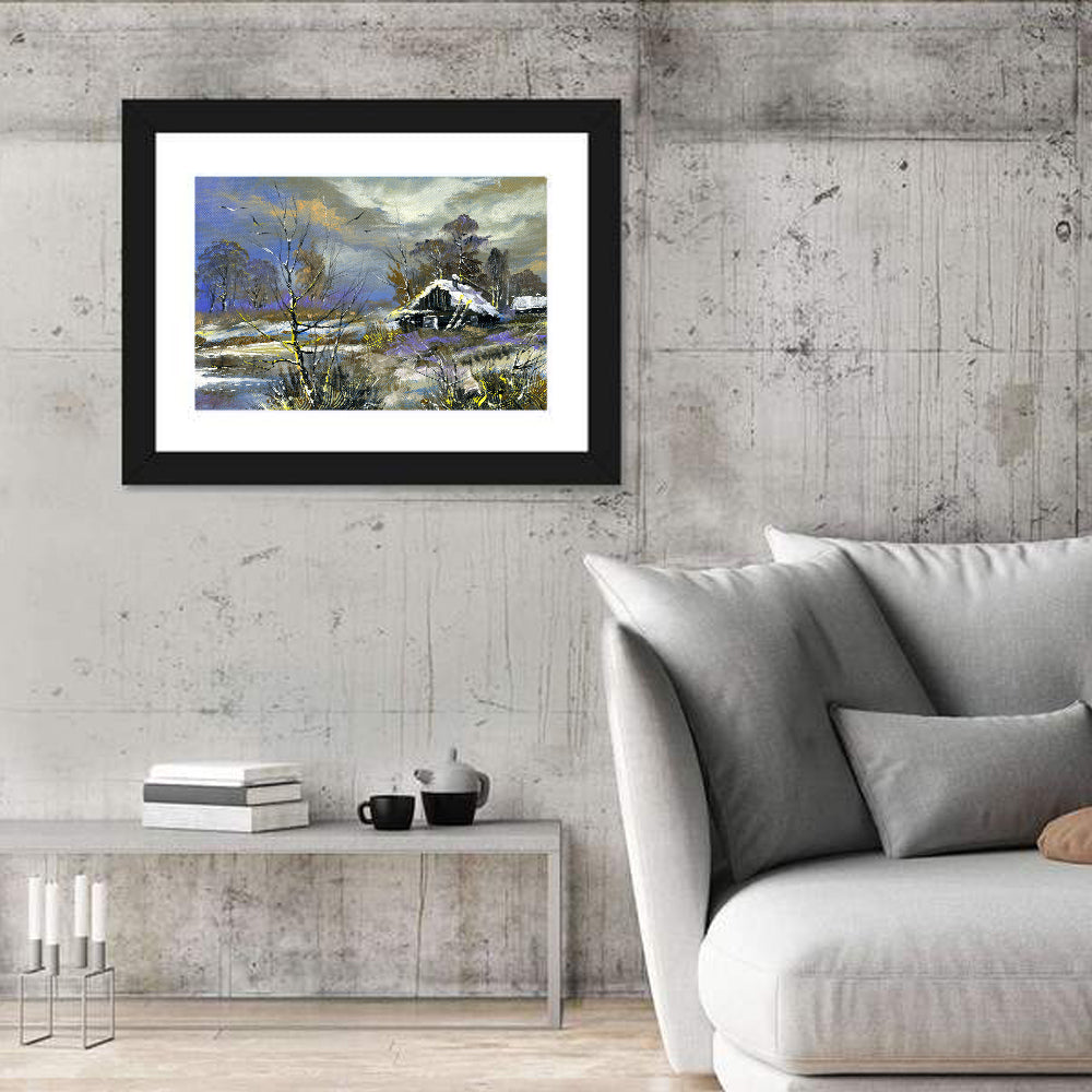 Winter Cottage by the River Wall Art