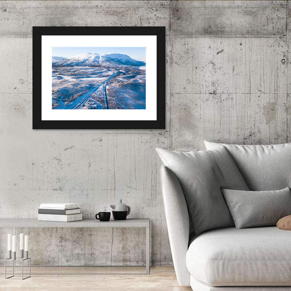 Snowy Valley with Parallel Tracks Wall Art in a room, landscape