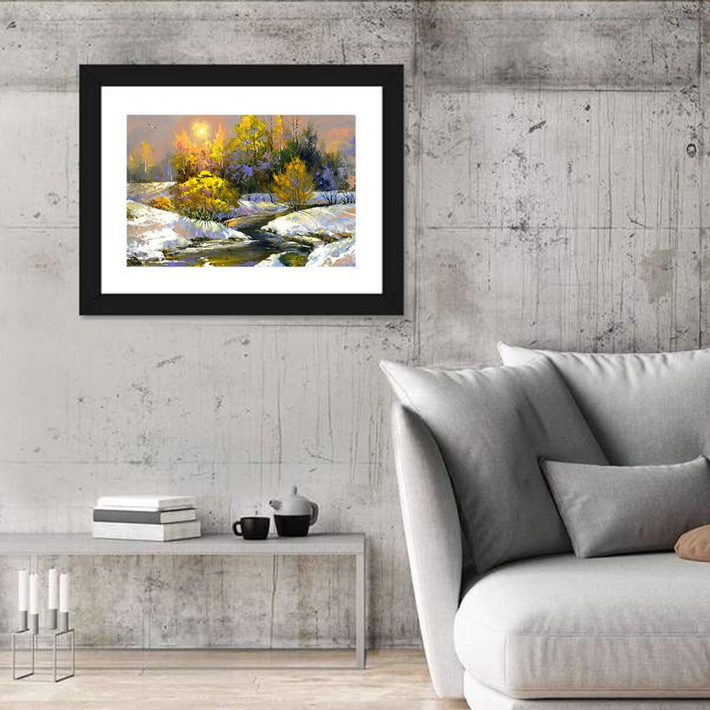 Sunlit Winter River Wall Art in a room, landscape