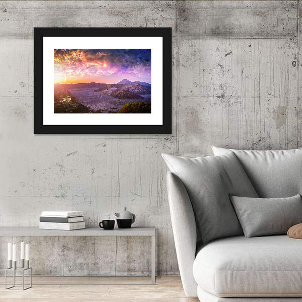 Mount Bromo Sunset View Wall Art in a room, landscape