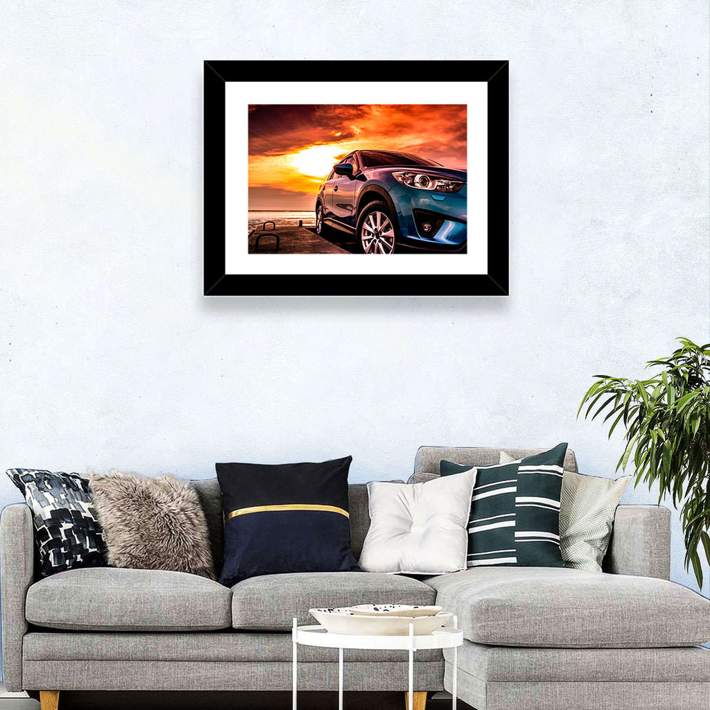 Suv on Pier at Sunset Wall Art