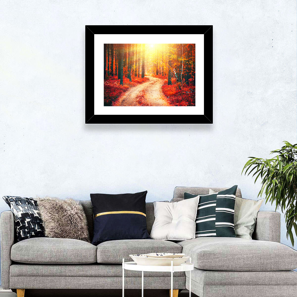 Golden Path Through Autumn Woods Wall Art in a room, landscape