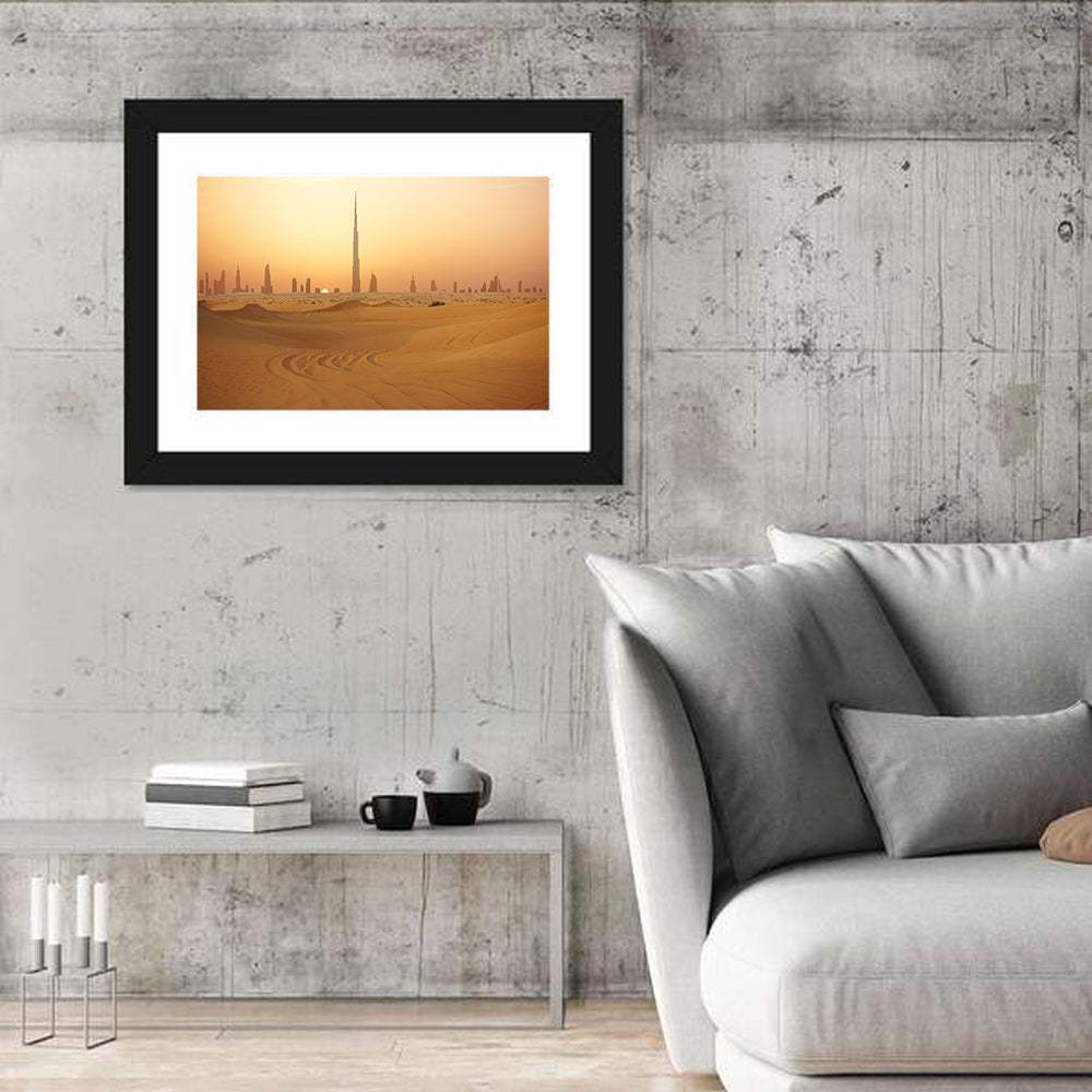 Dubai Skyline at Sunset Wall Art in a room, landscape