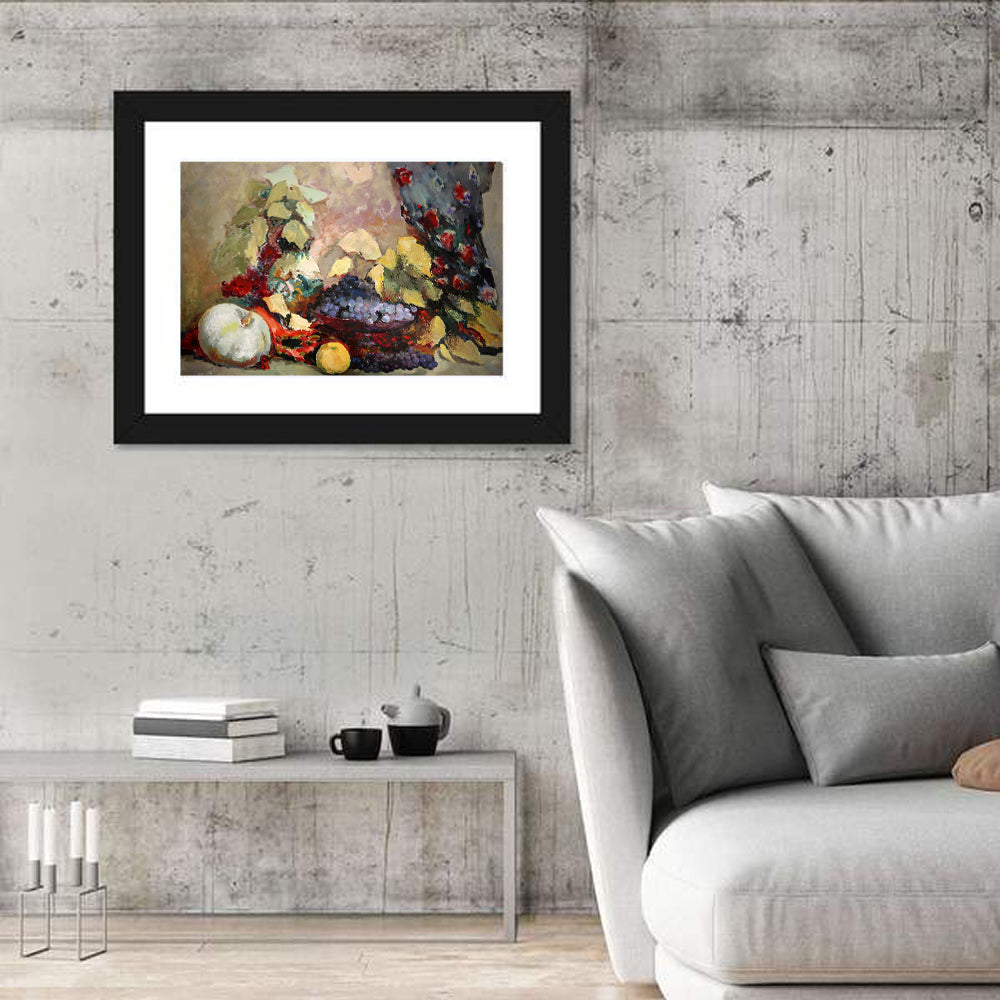 Grapes and Melon Still Life Wall Art in a room, landscape