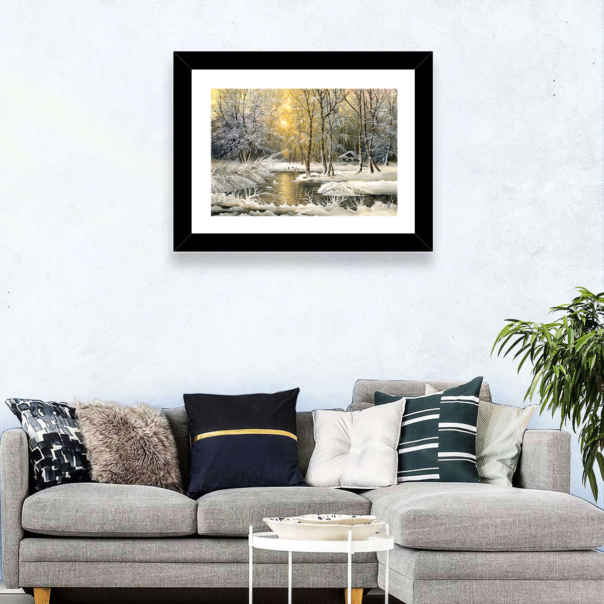 Sunlit Winter Cabin Wall Art in a room, landscape