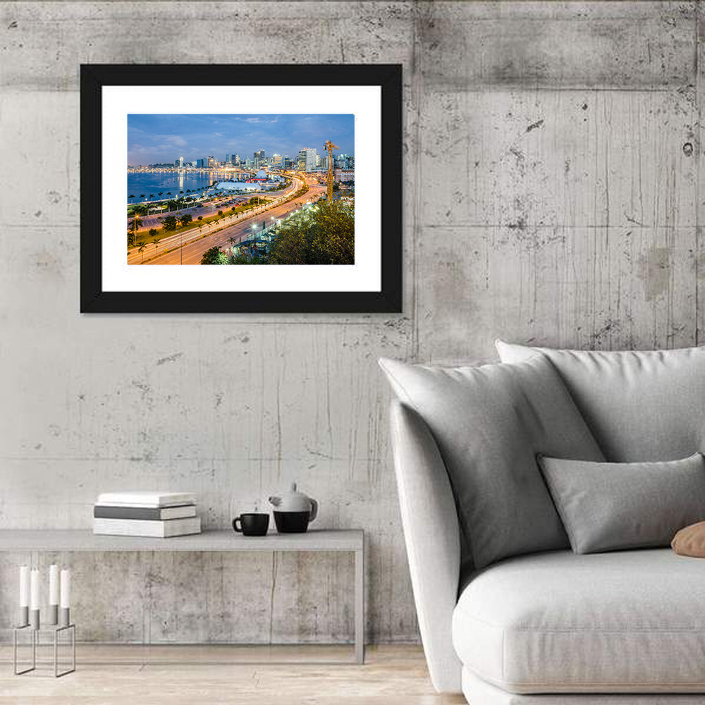 Luanda Bay Twilight Skyline Wall Art in a room, landscape