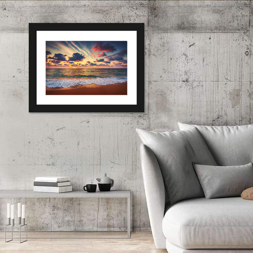 Golden Hour Beach Waves Under Cloudy Sky Wall Art in a room, landscape