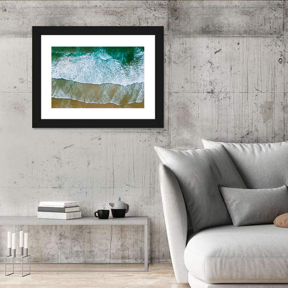 Aerial Teal Beach with Surfers Wall Art in a room, landscape