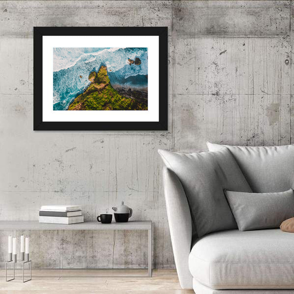 Bali Aerial Cliff View Wall Art in a room, landscape
