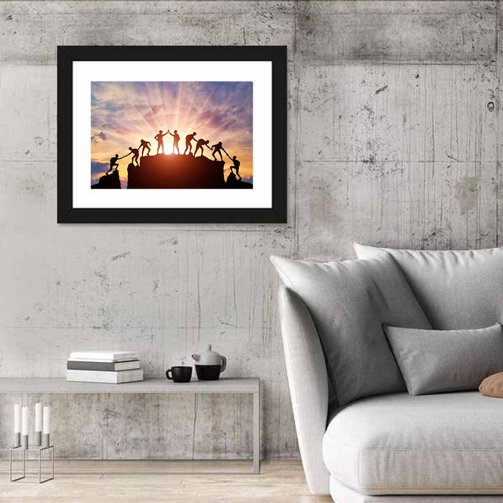 Sunburst Climbers Silhouette Wall Art in a room, landscape
