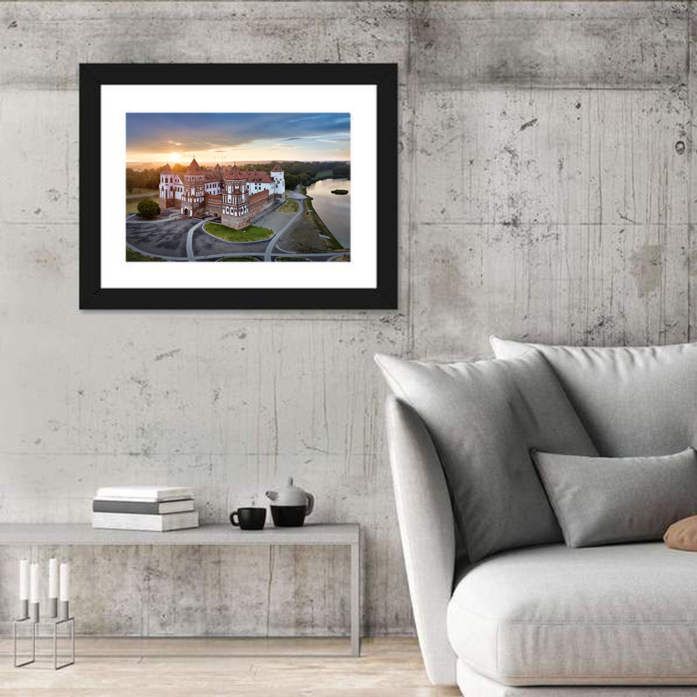 Mir Castle Sunrise Over Lake Wall Art in a room, landscape