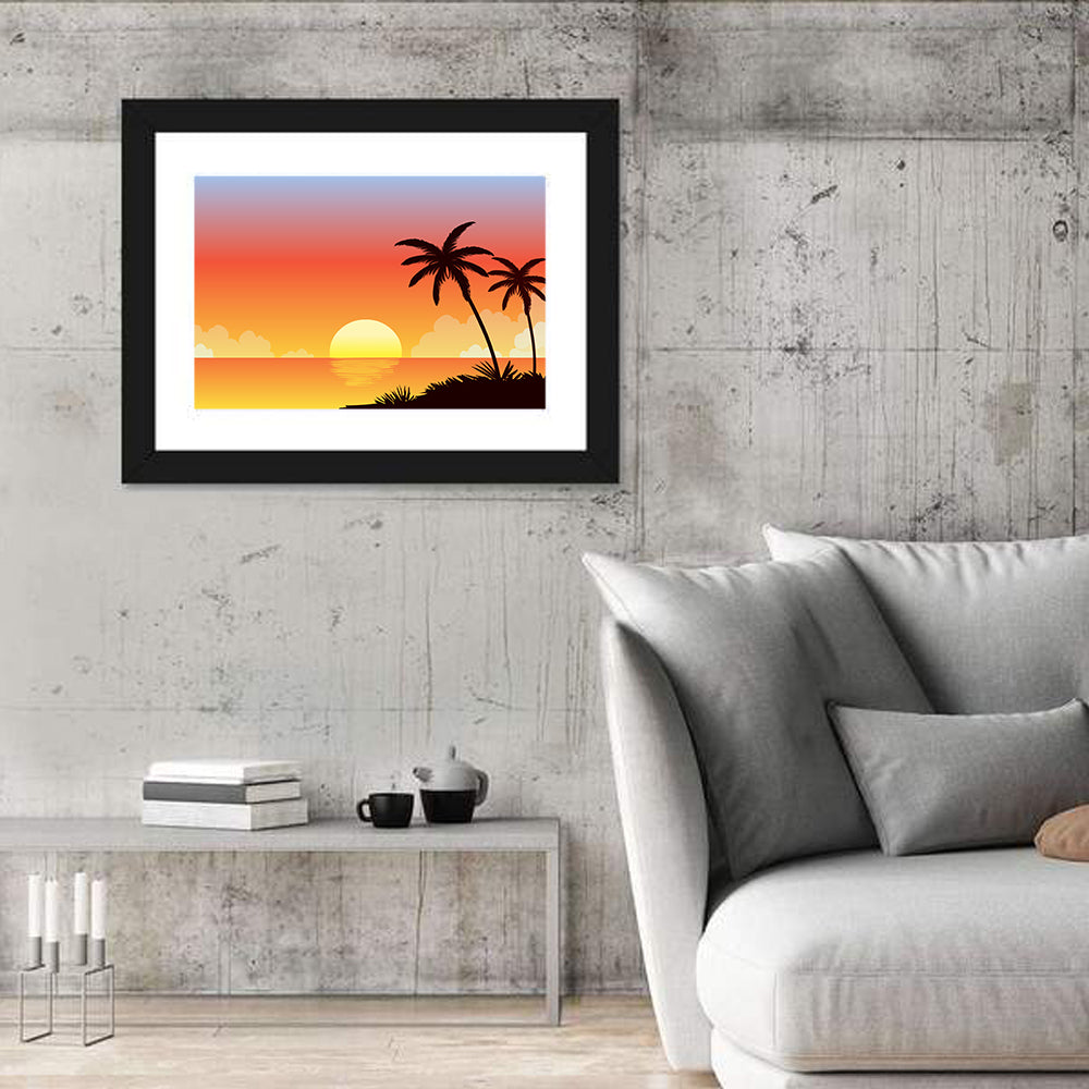 Tropical Beach Sunset Illustration Wall Art