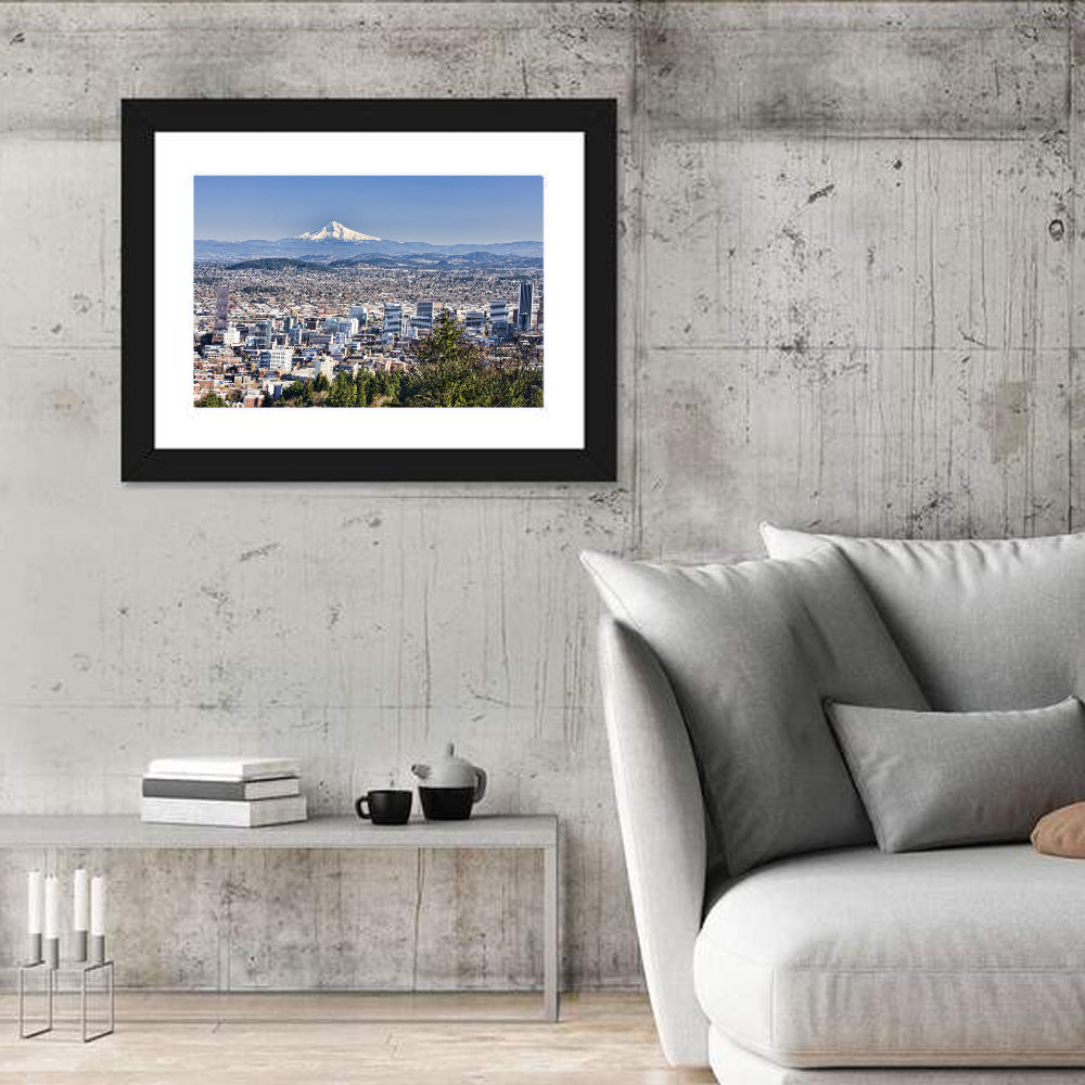 Portland Skyline with Mount Hood Wall Art in a room, landscape