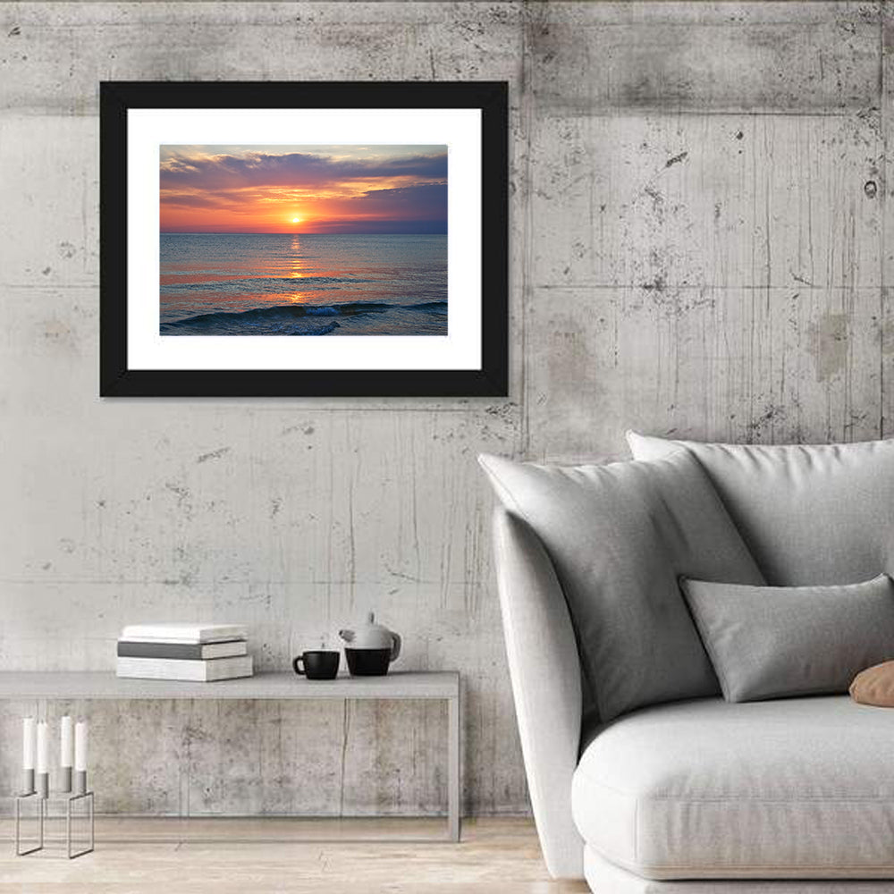 Lake Michigan Sunset Reflection Wall Art in a room, landscape
