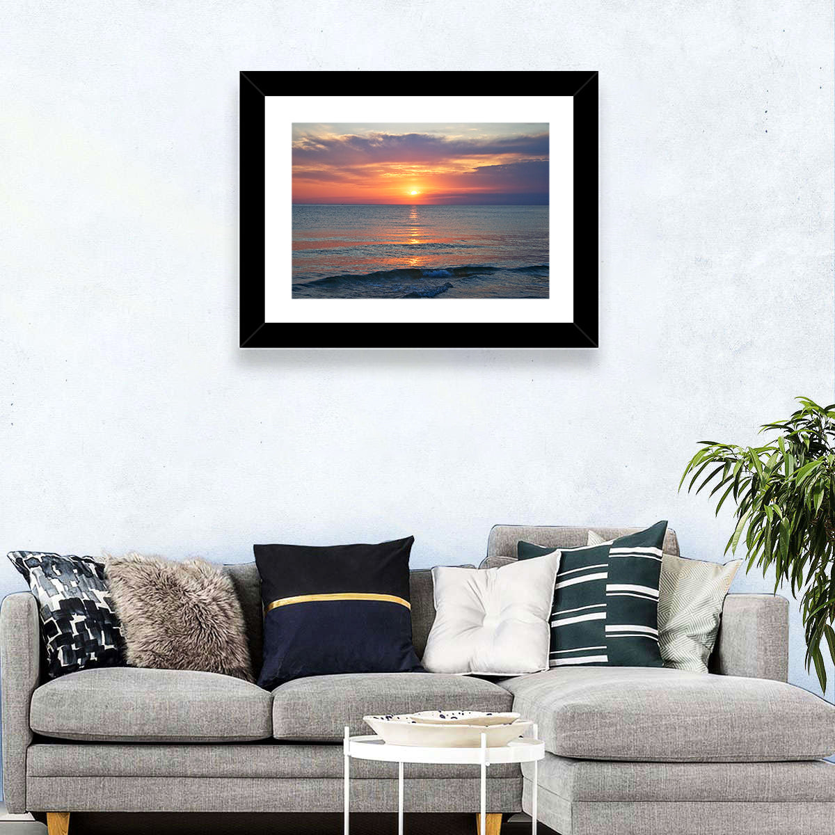 Lake Michigan Sunset Reflection Wall Art in a room, landscape