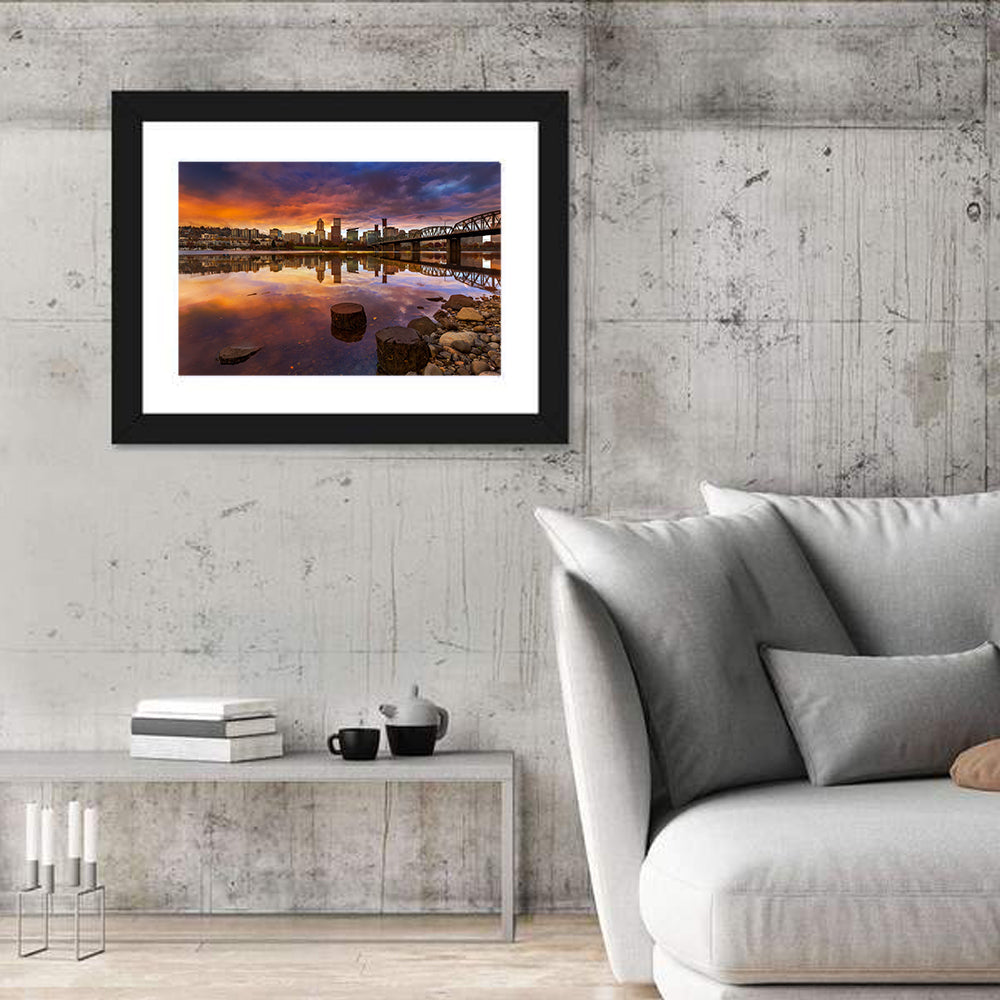 Portland Skyline at Sunset Wall Art in a room, landscape