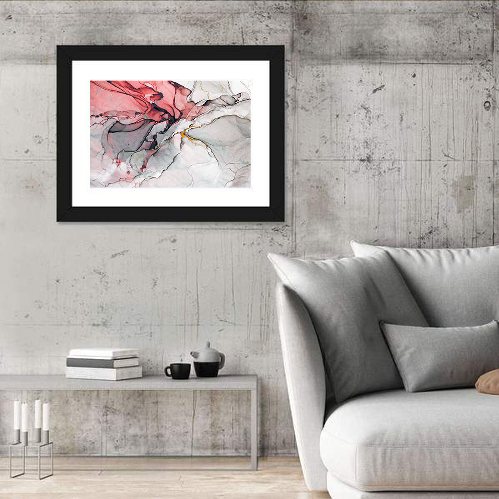 Pink Gray Marble with Gold Veins Wall Art in a room, landscape
