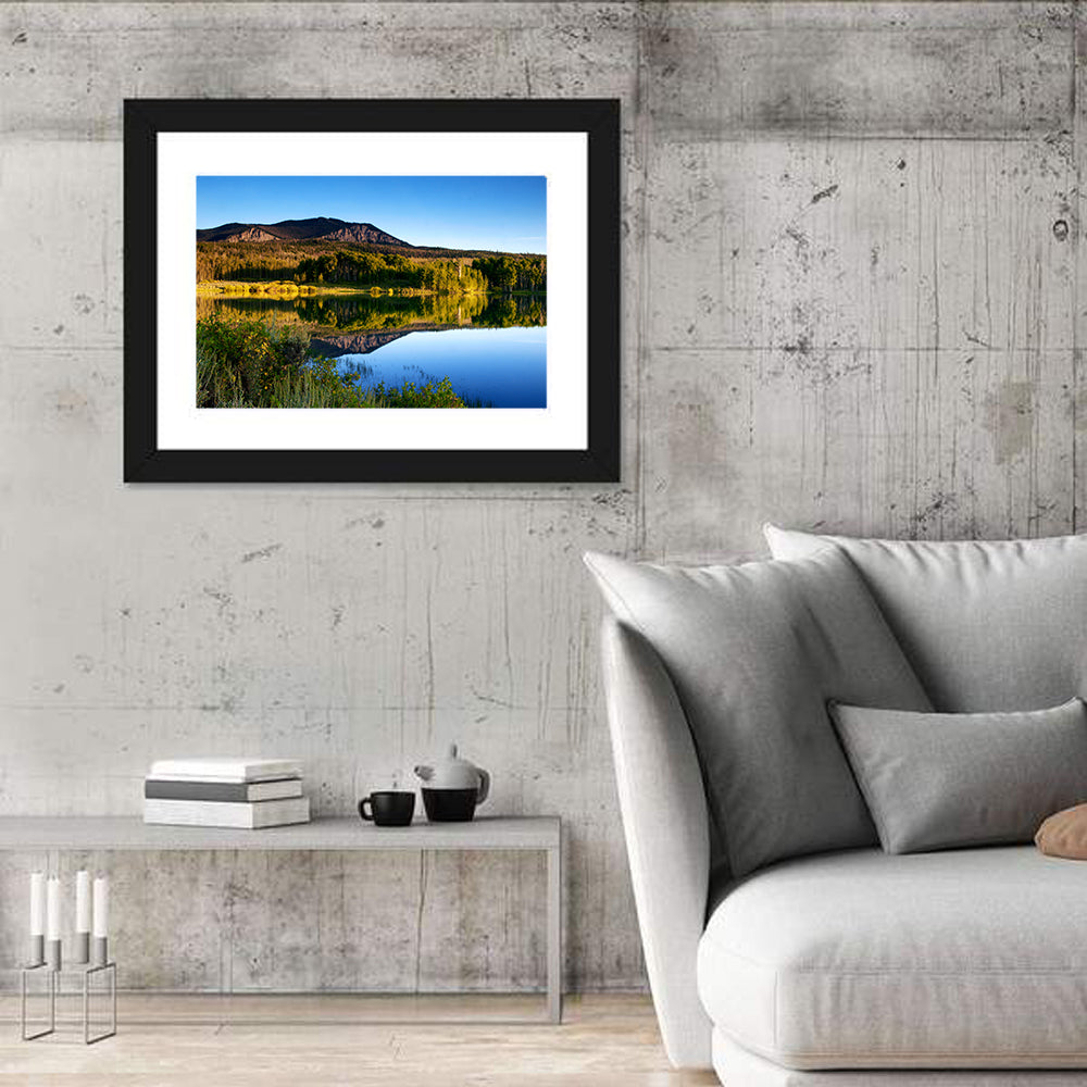Golden Hour Mountain Lake Wall Art in a room, landscape