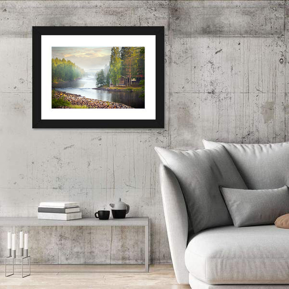Misty River with Red Roof Cabin Wall Art in a room, landscape