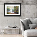 Misty River with Red Roof Cabin Wall Art