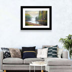 Misty River with Red Roof Cabin Wall Art