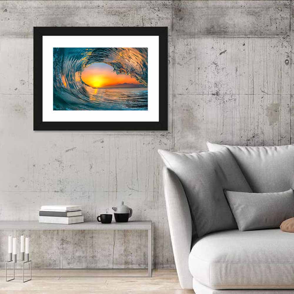 Cresting Wave Tunnel at Sunset Wall Art in a room, landscape