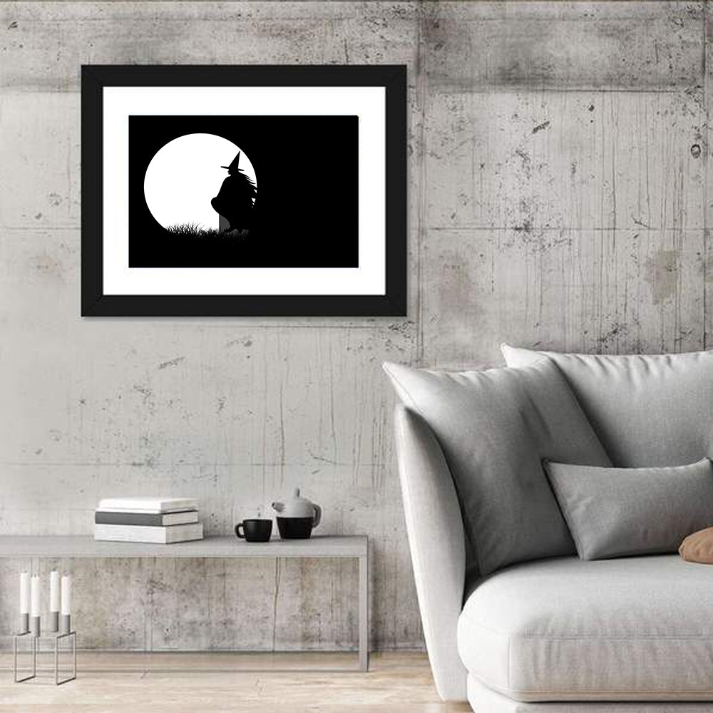 Witch and Moon Silhouette Wall Art in a room, landscape