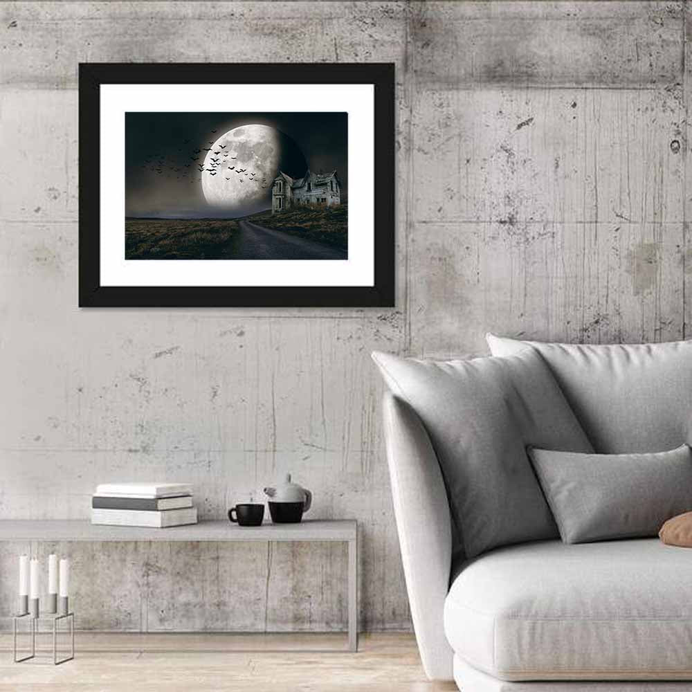 Haunted House Under Full Moon Wall Art in a room, landscape