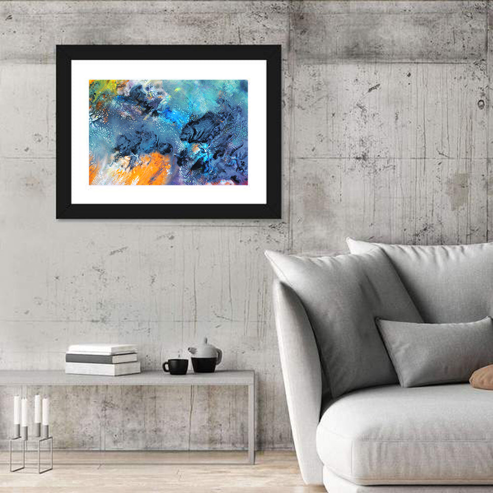 Vivid Icy Nebula Abstract Wall Art in a room, landscape