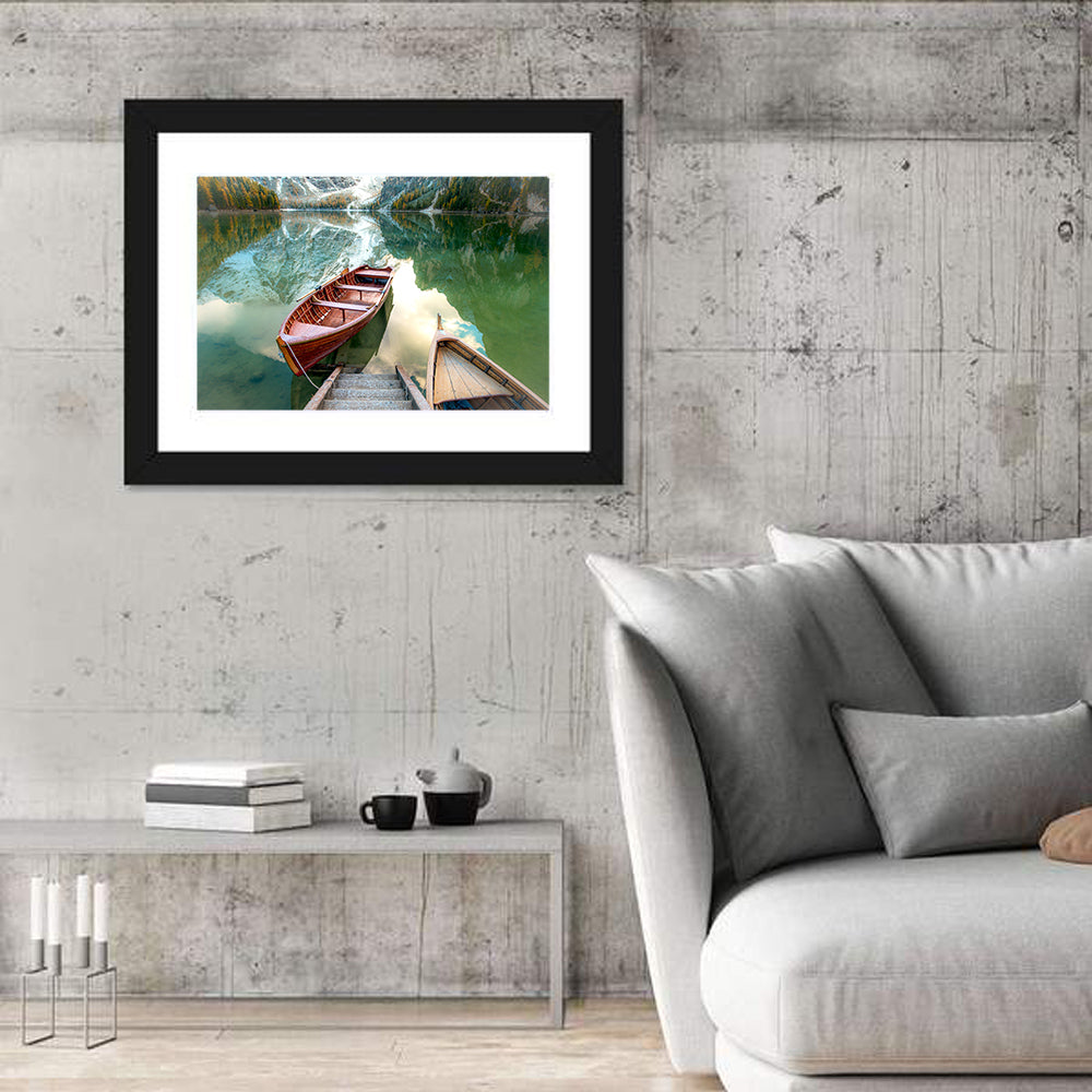Autumn Lake with Wooden Boats Wall Art in a room, landscape
