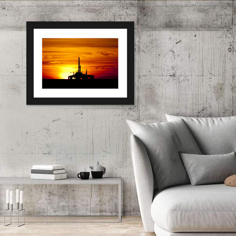 Offshore Oil Rig at Sunset Wall Art in a room, landscape