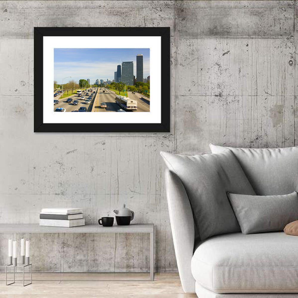 Chicago Expressway Toward Downtown Skyline Wall Art in a room, landscape
