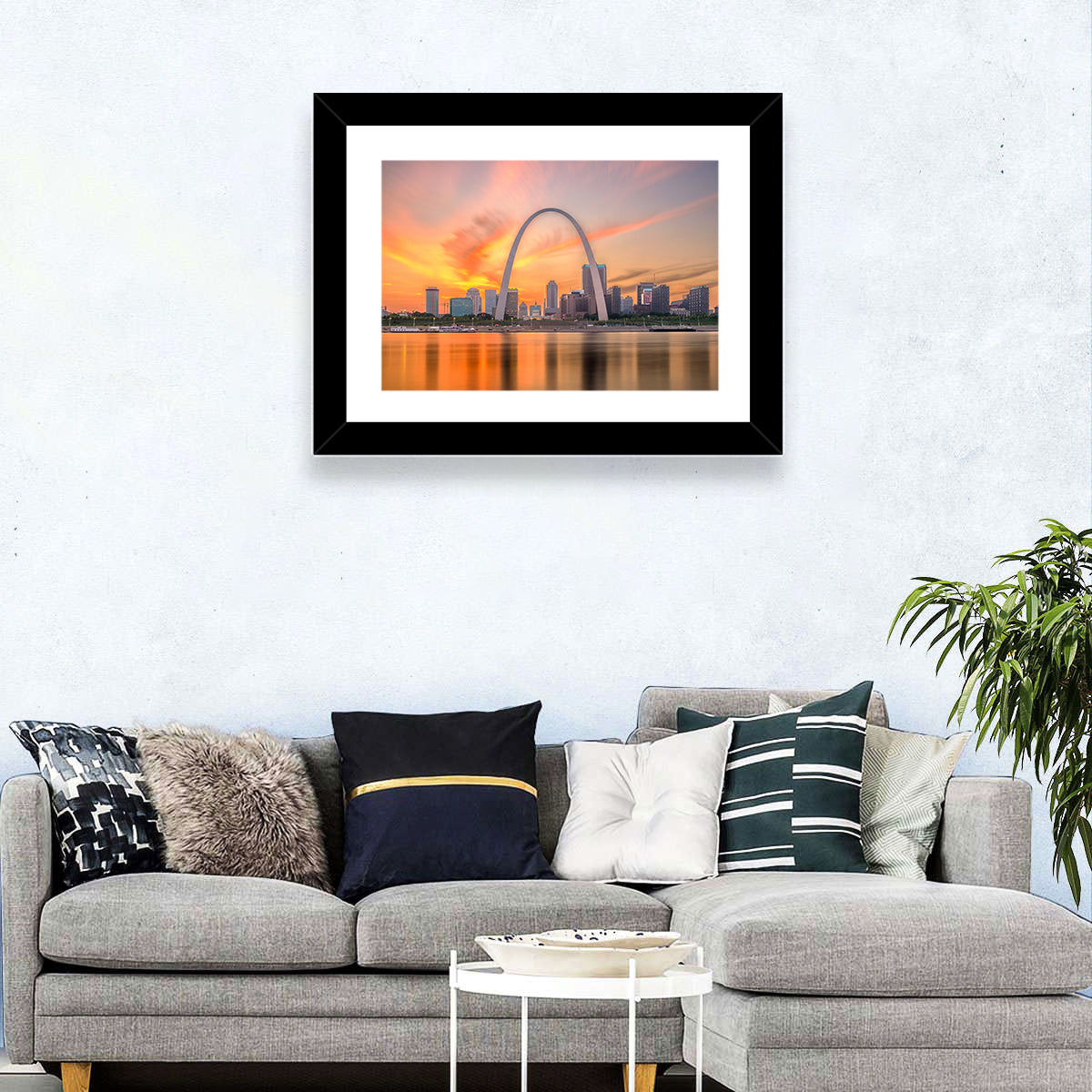 St. Louis Gateway Arch Skyline Wall Art in a room, landscape