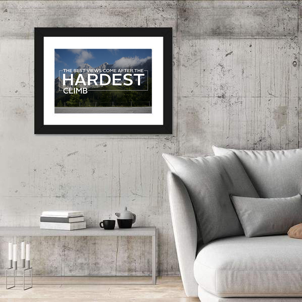 Snow Capped Peaks with Motivational Quote Wall Art in a room, landscape