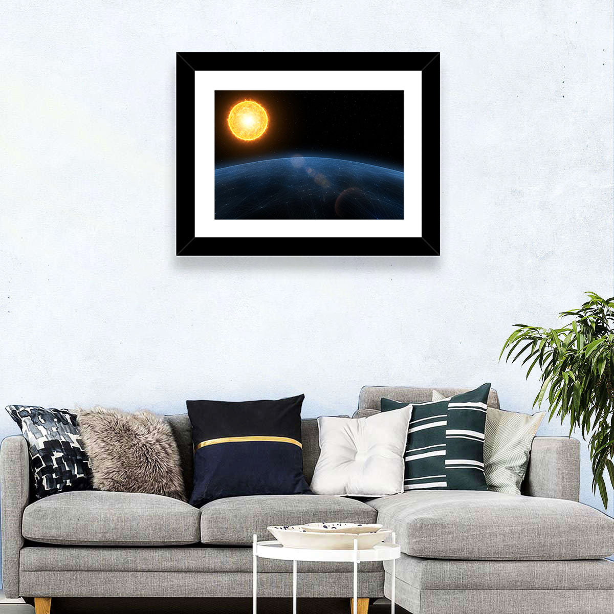 Alien Planet and Sun Wall Art in a room, landscape