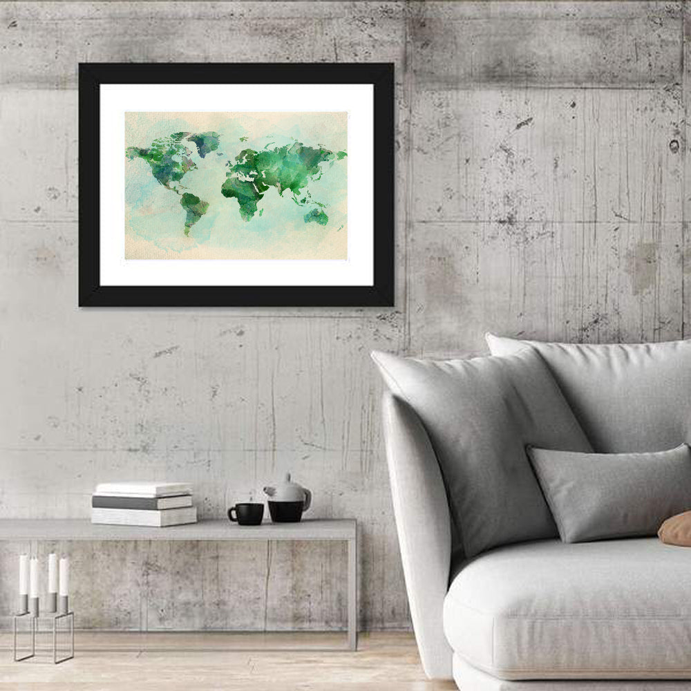 Green Watercolor World Map Wall Art