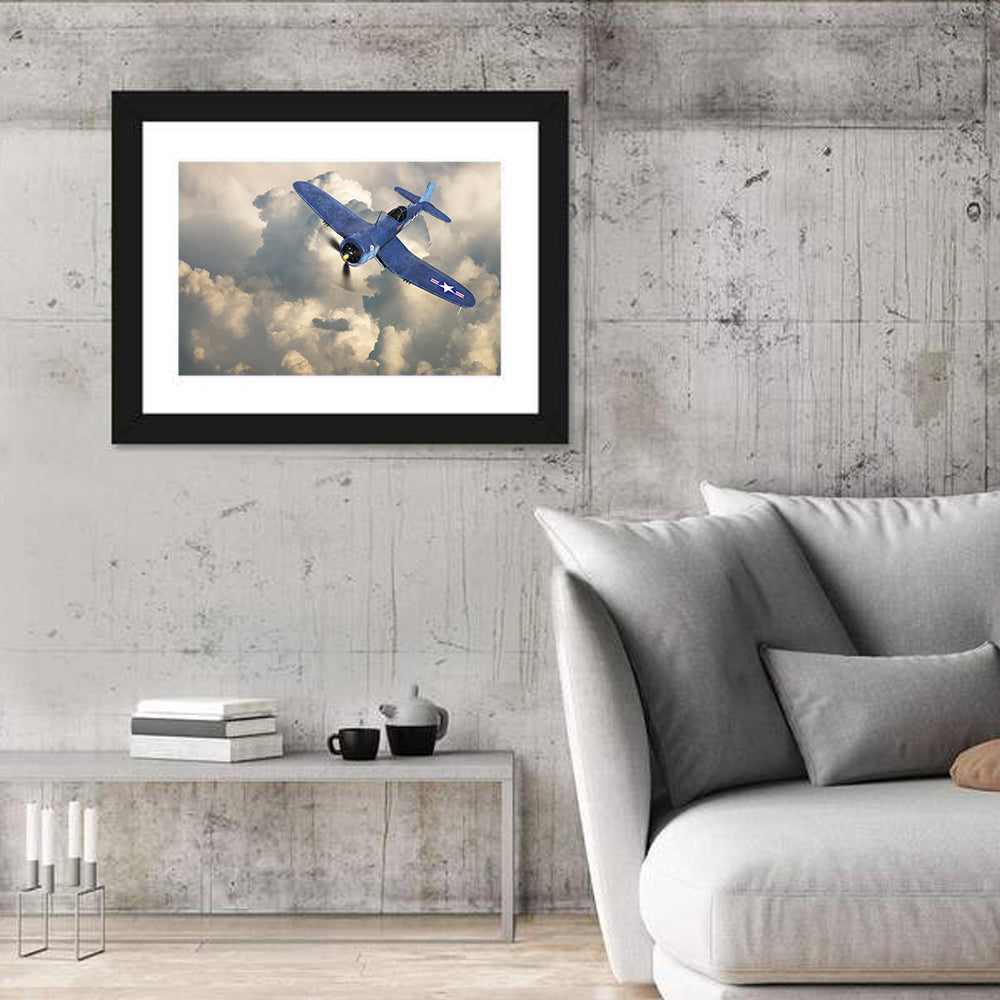 Wwii Fighter Plane Over Clouds Wall Art in a room, landscape