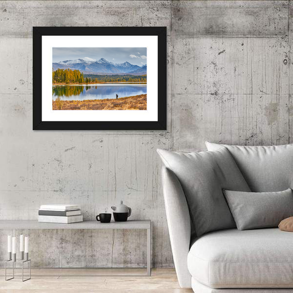 Autumn Mountain Lake Reflection Wall Art in a room, landscape