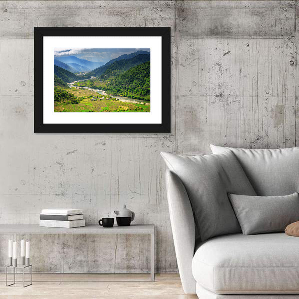 Punakha River Valley with Terraced Rice Fields Wall Art in a room, landscape