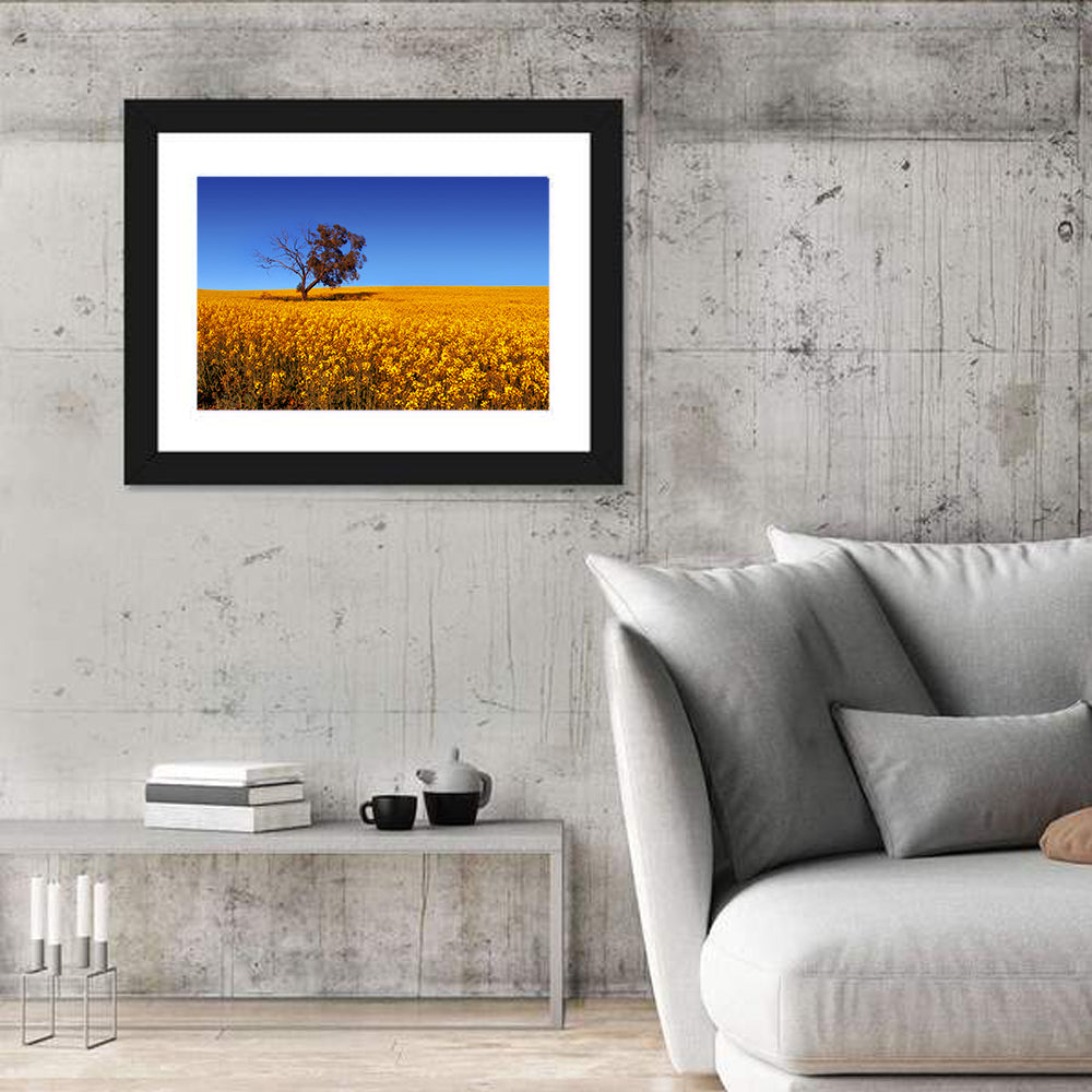 Canola Field with Lone Tree Wall Art in a room, landscape