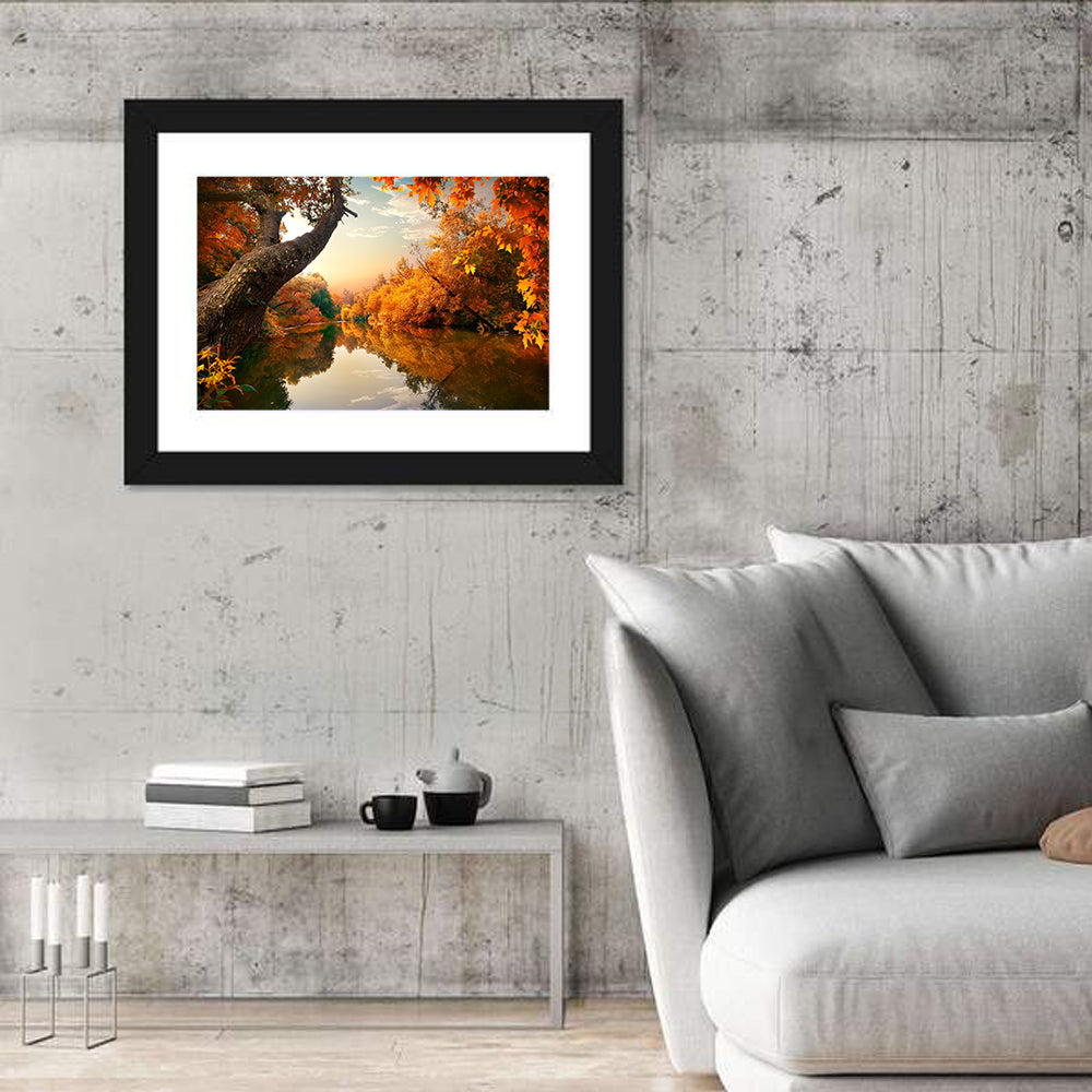 Golden Autumn River Reflections Wall Art in a room, landscape