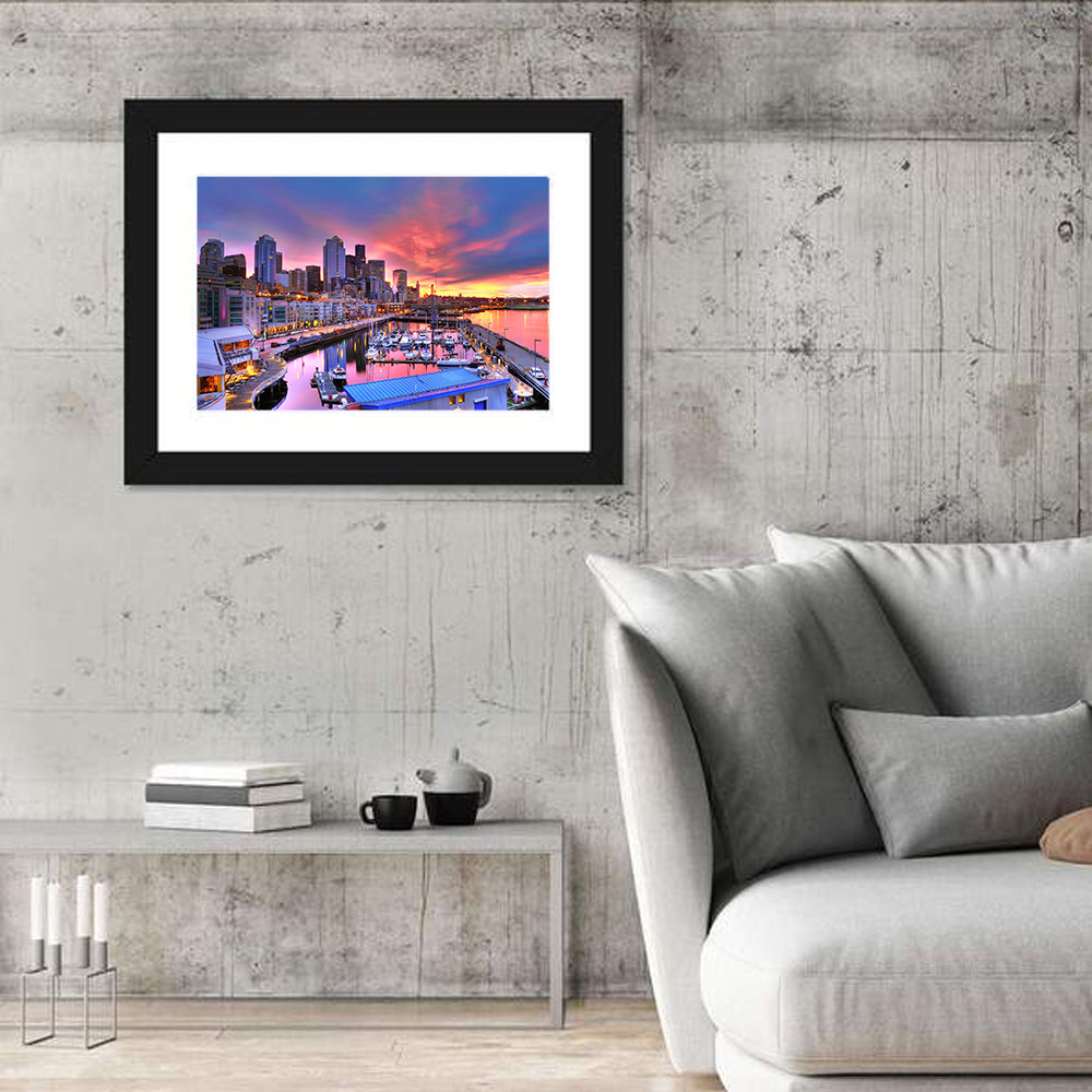Seattle Skyline at Sunset Wall Art in a room, landscape