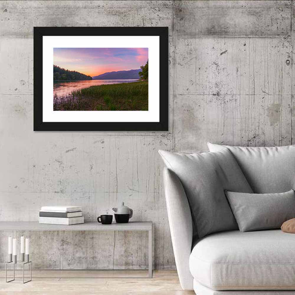 Whitefish Lake Sunset Glow Wall Art in a room, landscape