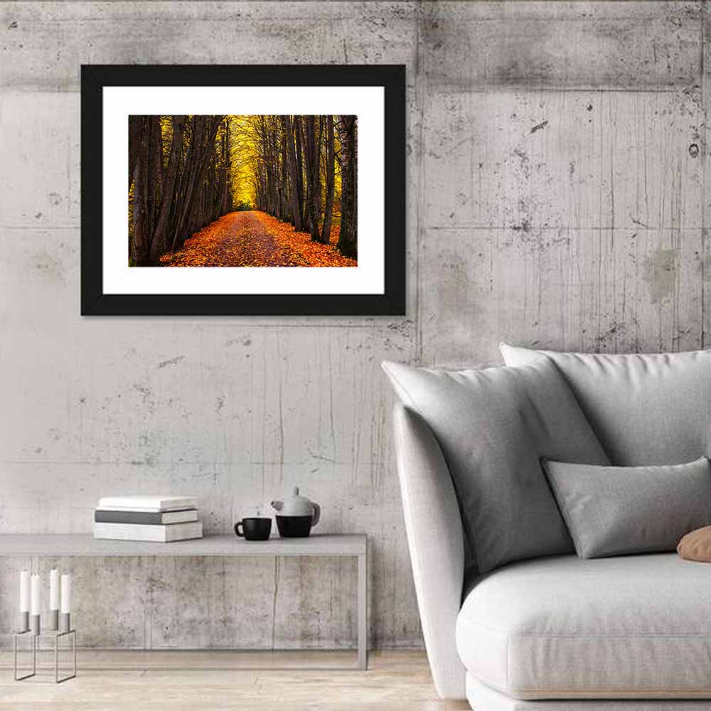 Autumn Park Path Under Yellow Canopy Wall Art in a room, landscape