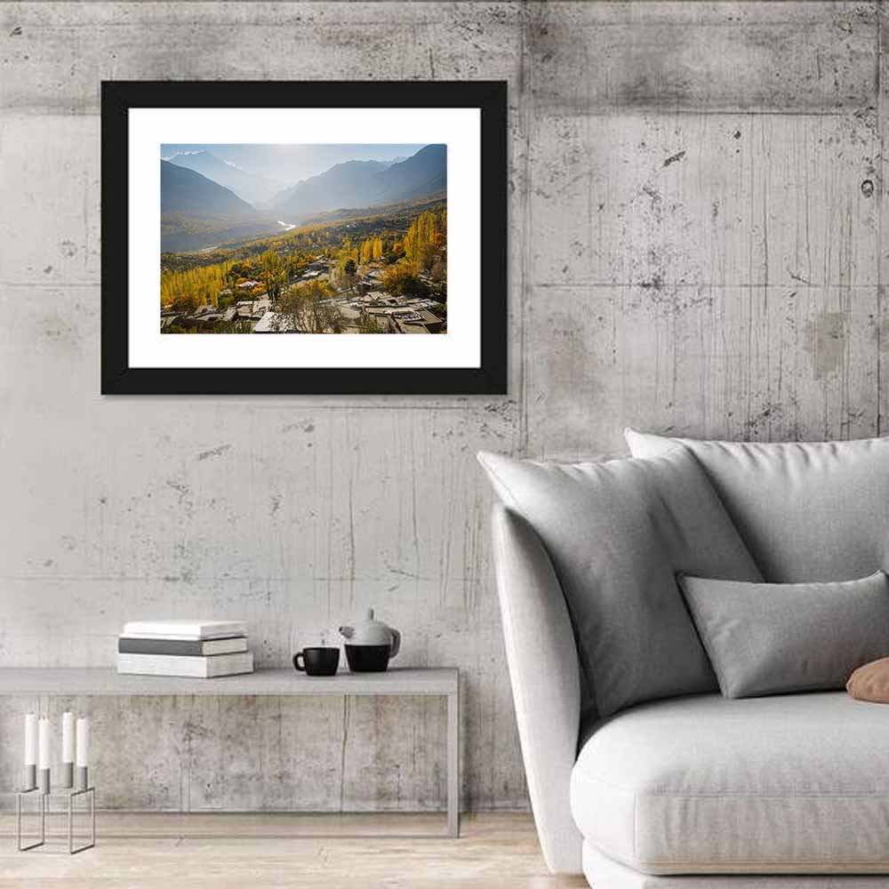 Hunza Valley Autumn Landscape Wall Art in a room, landscape
