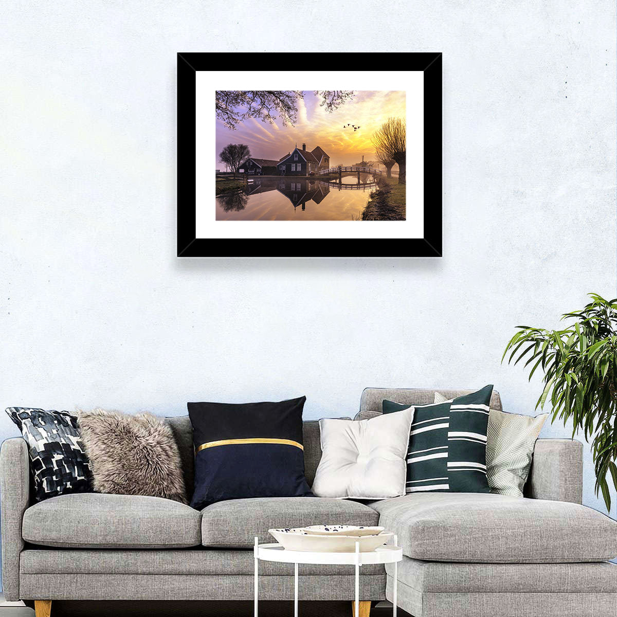 Dutch Canal House at Sunset Wall Art in a room, landscape