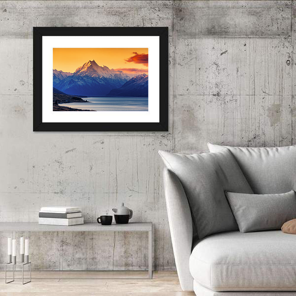 Aoraki Mount Cook Over Lake Pukaki Wall Art in a room, landscape