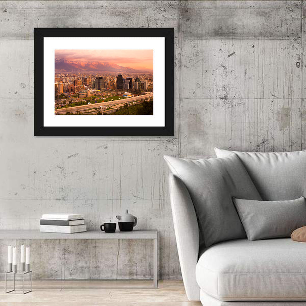 Santiago Skyline at Sunset Wall Art in a room, landscape